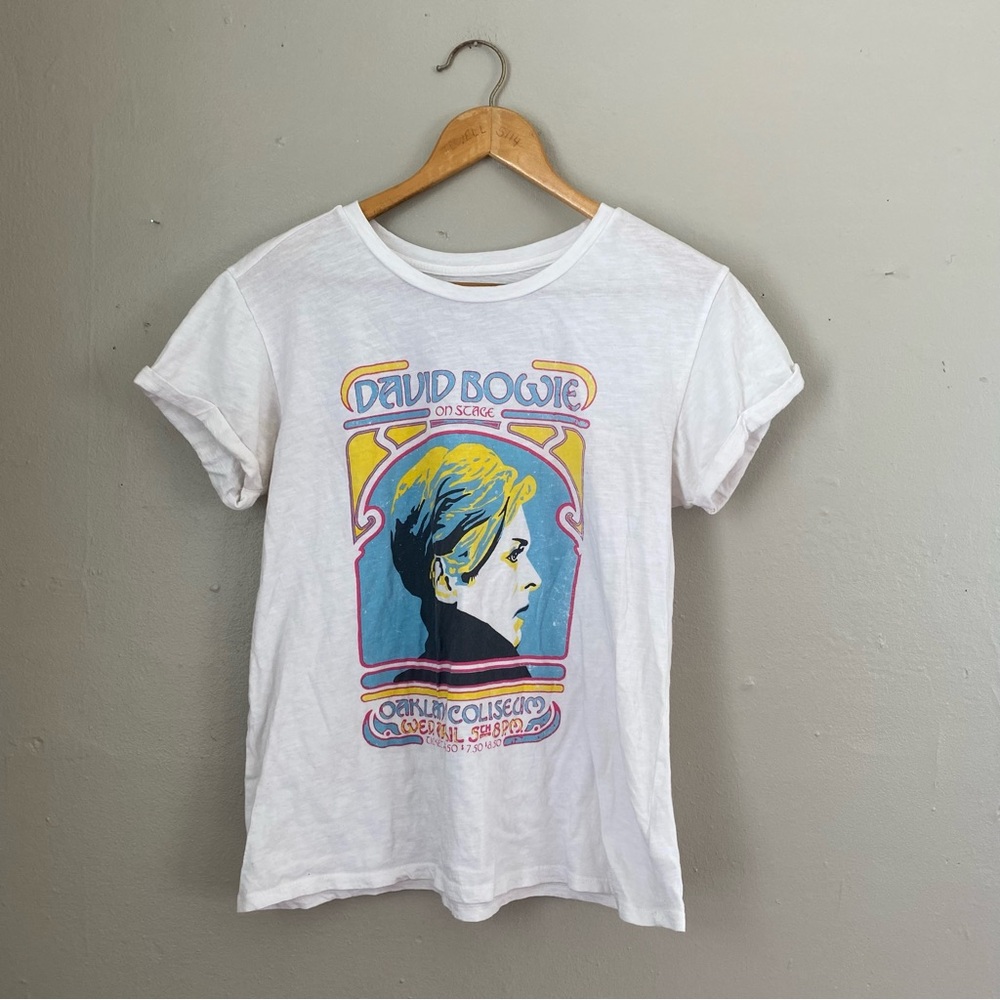 David Bowie Lucky Brand White Graphic Roll Sleeve Band T-shirt Size Medium